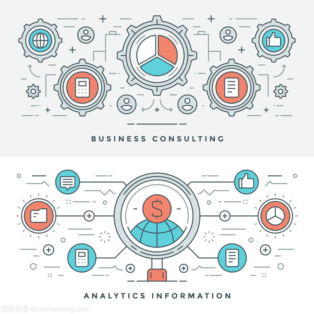Flat line Business Consulting and Analytics. Vector illustration. Modern thin linear stroke vector icons.